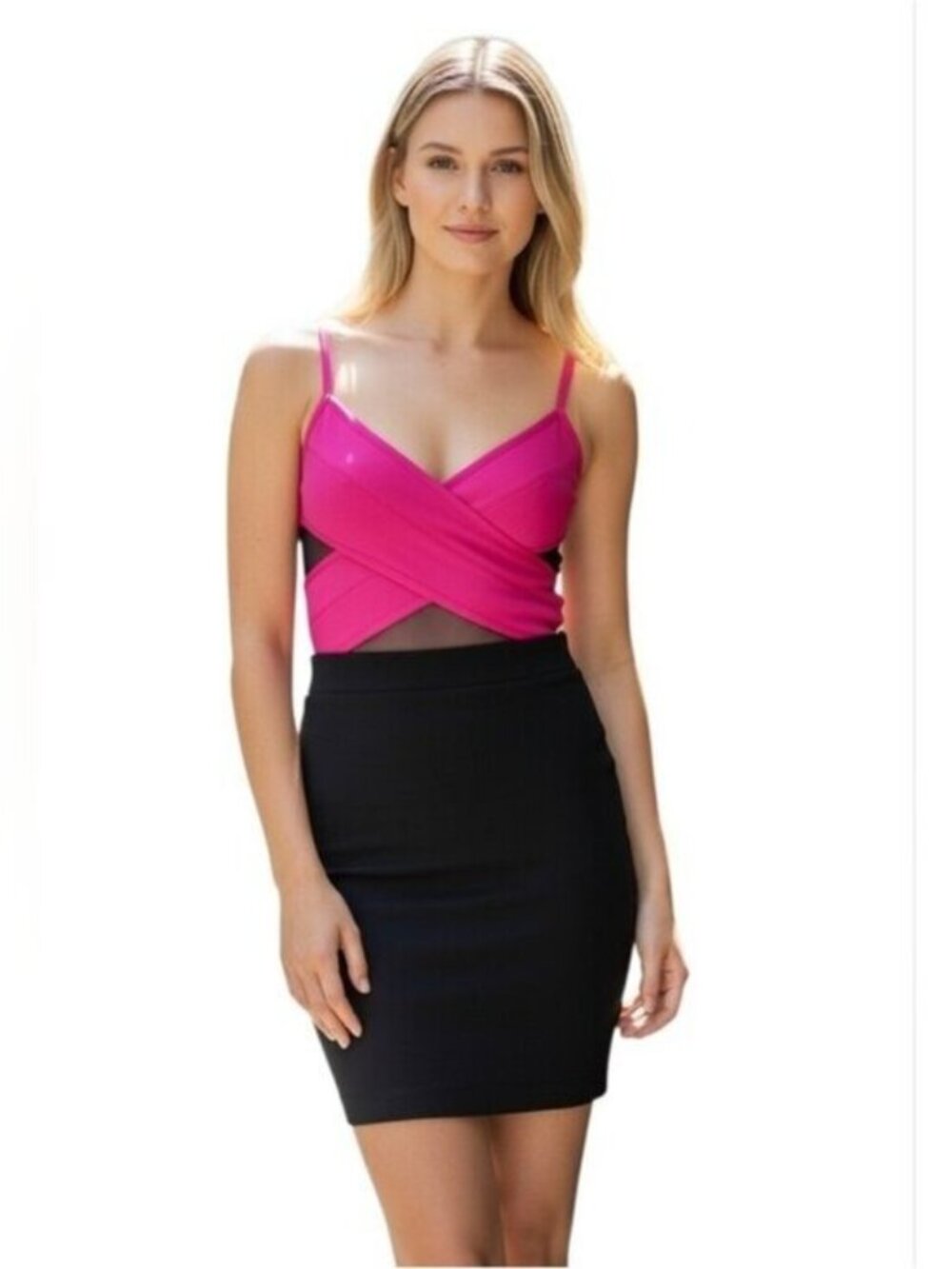Lucy Paris Mesh Inset Colorblock Dress Pink Small